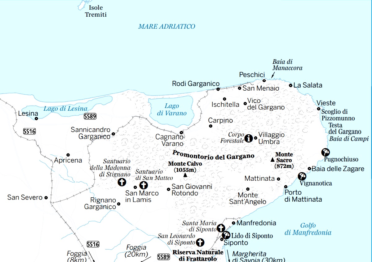 La cartina del Promontorio del Gargano con tutti i paesi e i punti d'interesse