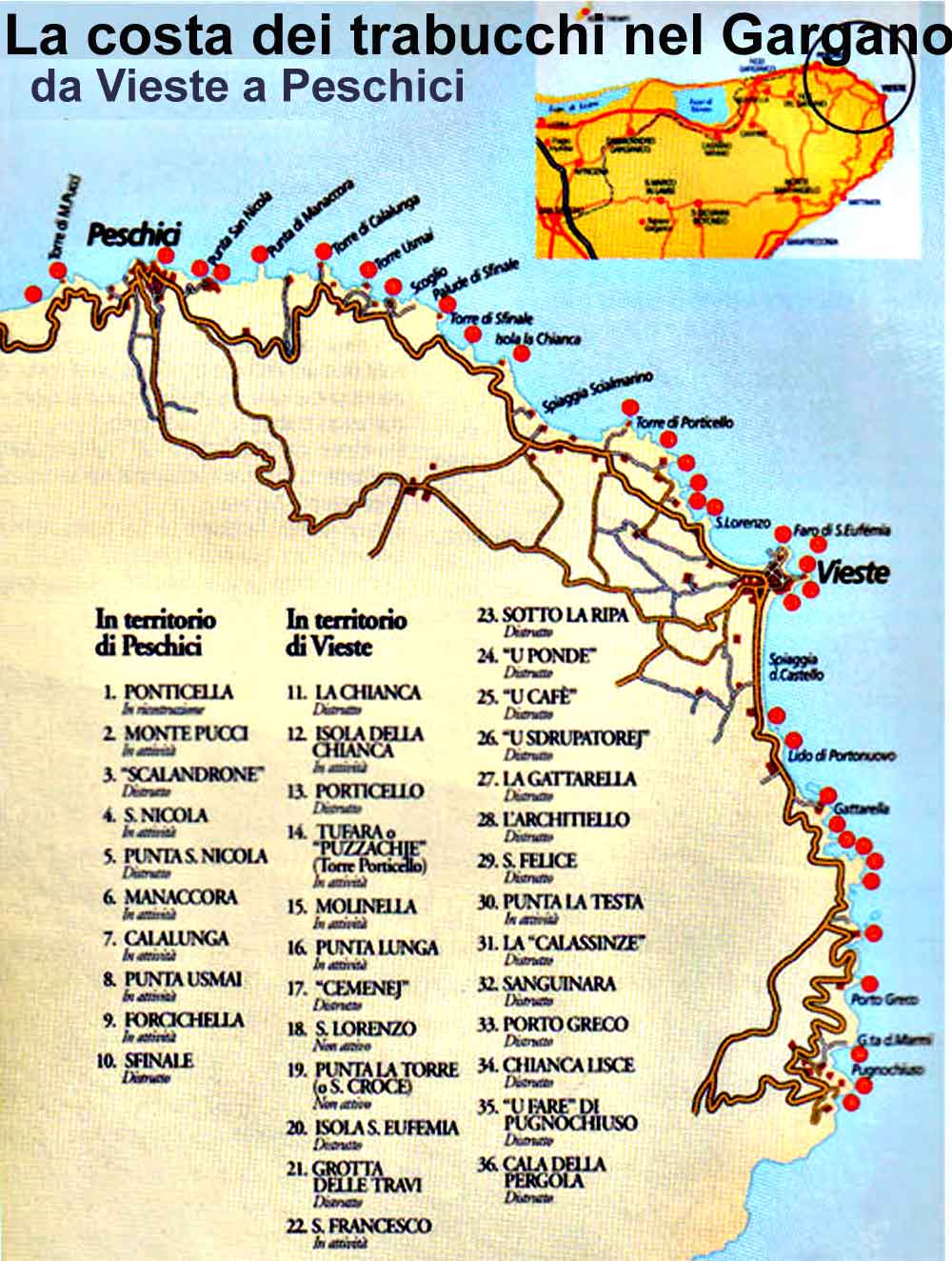 Mappa dei trabucchi sul Gargano da Vieste a Peschici